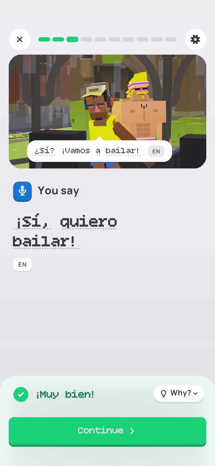 A Gimnasio workout: You say ‘¡Sí, quiero bailar!’, marked ¡Muy bien!